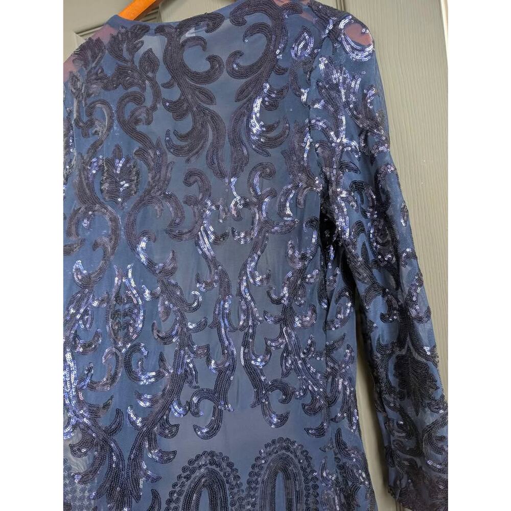 Sequin Mesh Duster Cardigan Navy Long Open Front Sheer Evening Cover Up Medium - Picture 4 of 8